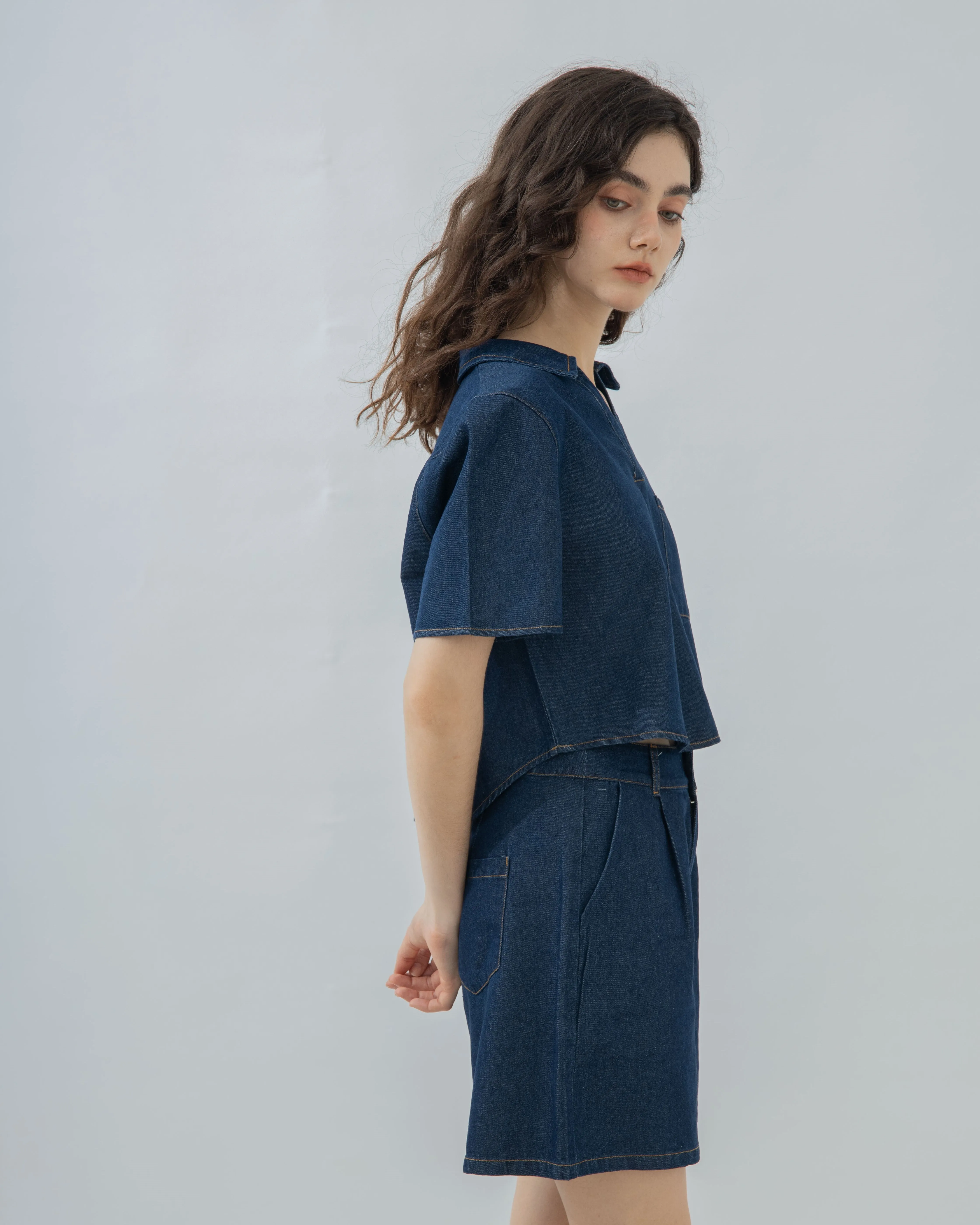 Kayla High Waist Denim A Line Shorts (Denim)