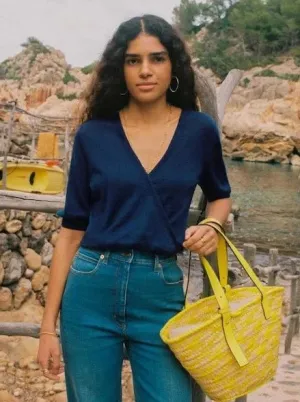 Navy Linen Cotton Blend Wrap Top