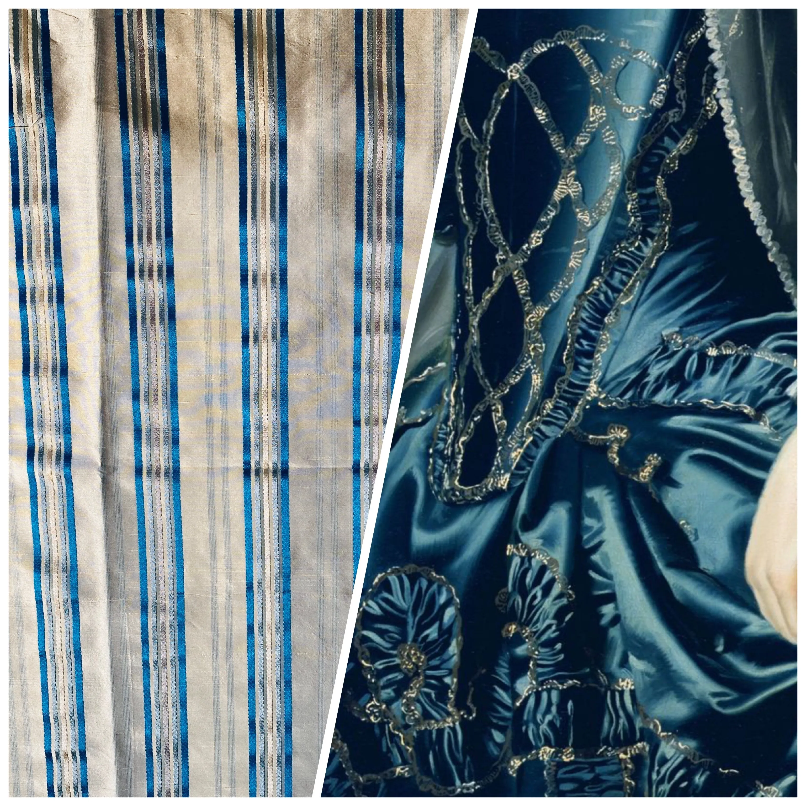 NEW Miss Charlotte 100% Silk Dupioni Fabric - Cream White with Jewel Blue Stripes