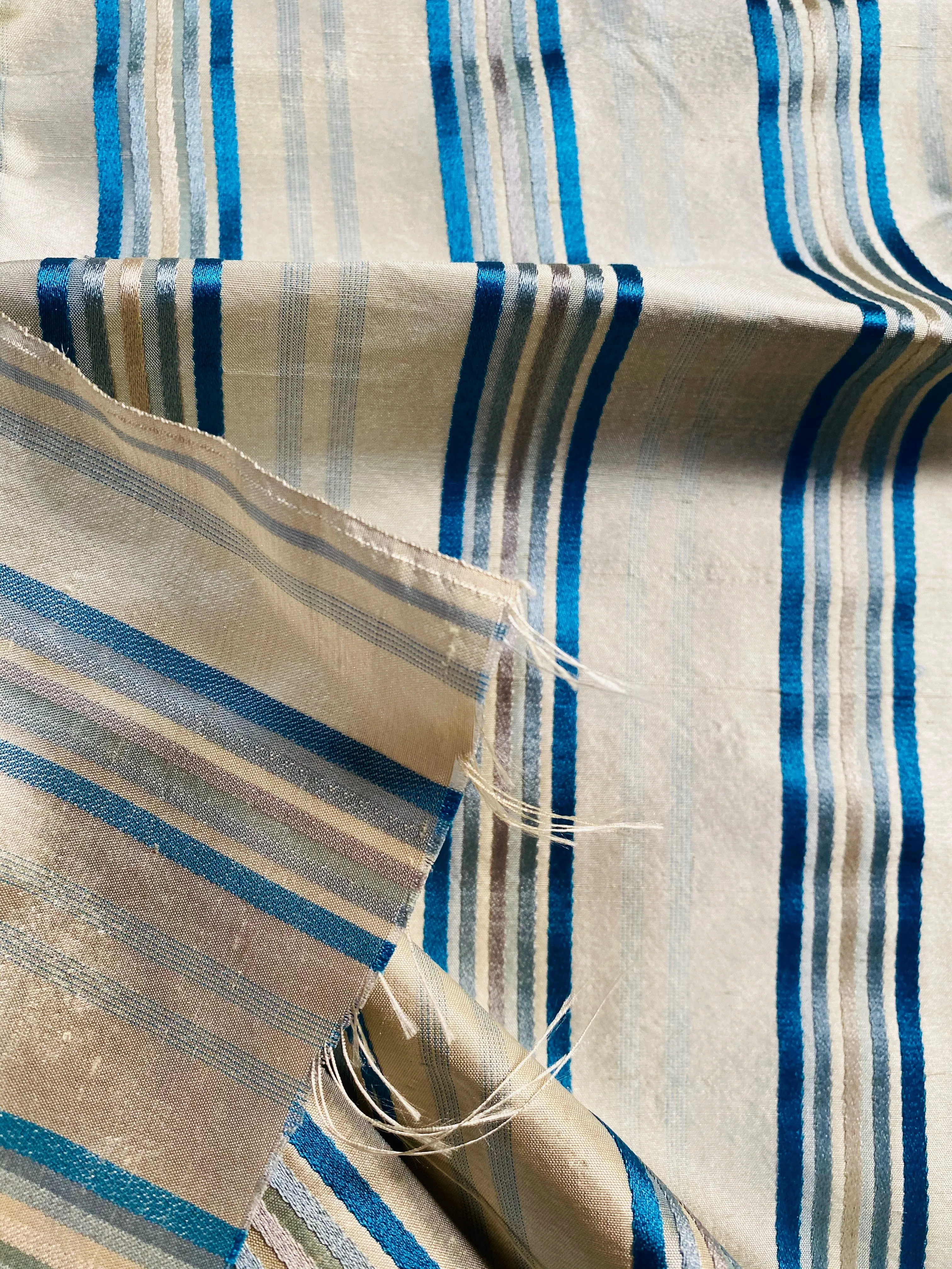 NEW Miss Charlotte 100% Silk Dupioni Fabric - Cream White with Jewel Blue Stripes