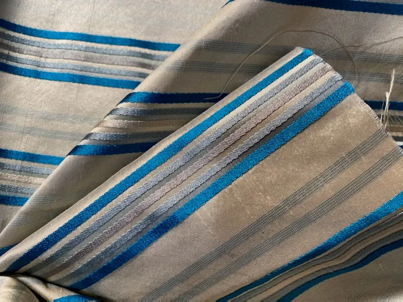 NEW Miss Charlotte 100% Silk Dupioni Fabric - Cream White with Jewel Blue Stripes