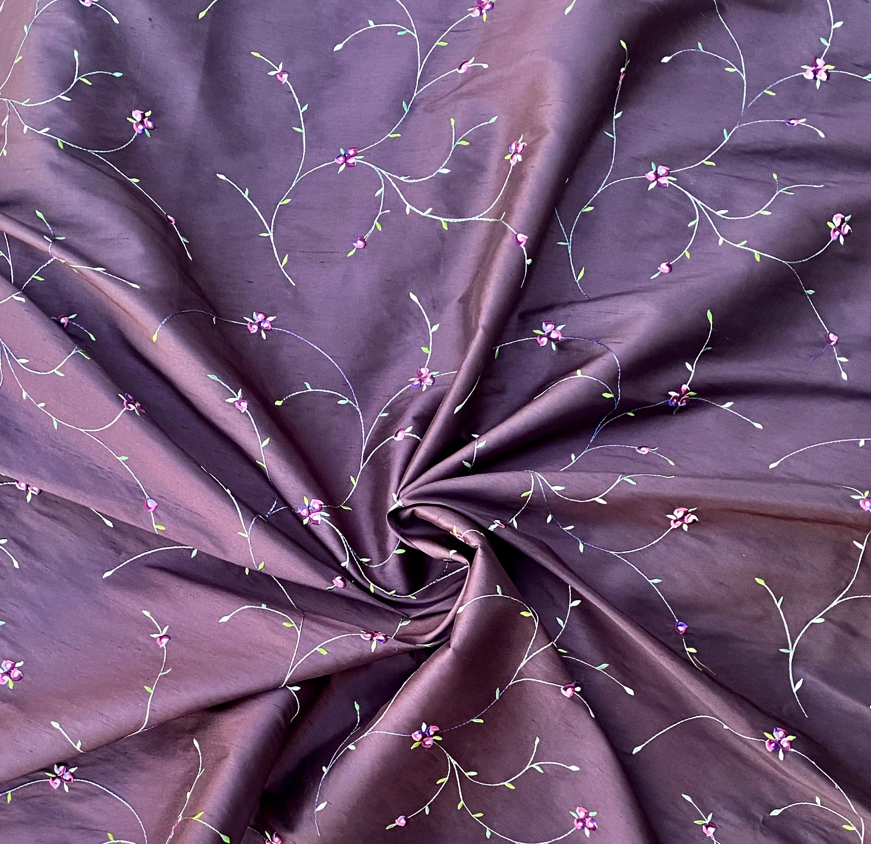 NEW Miss Jessica 100% Silk Dupioni Embroidered Floral Purple Pink and Green Fabric