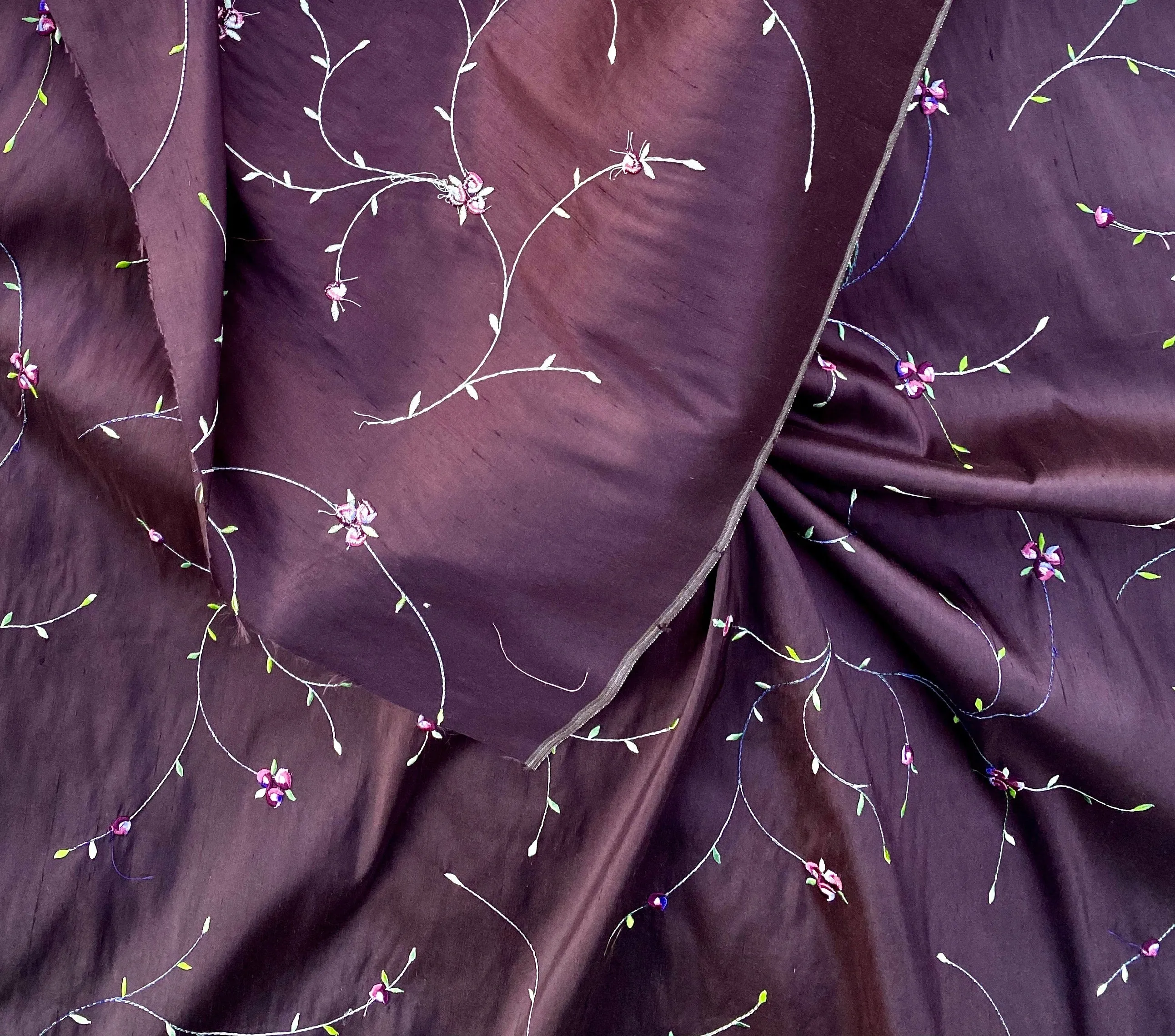 NEW Miss Jessica 100% Silk Dupioni Embroidered Floral Purple Pink and Green Fabric