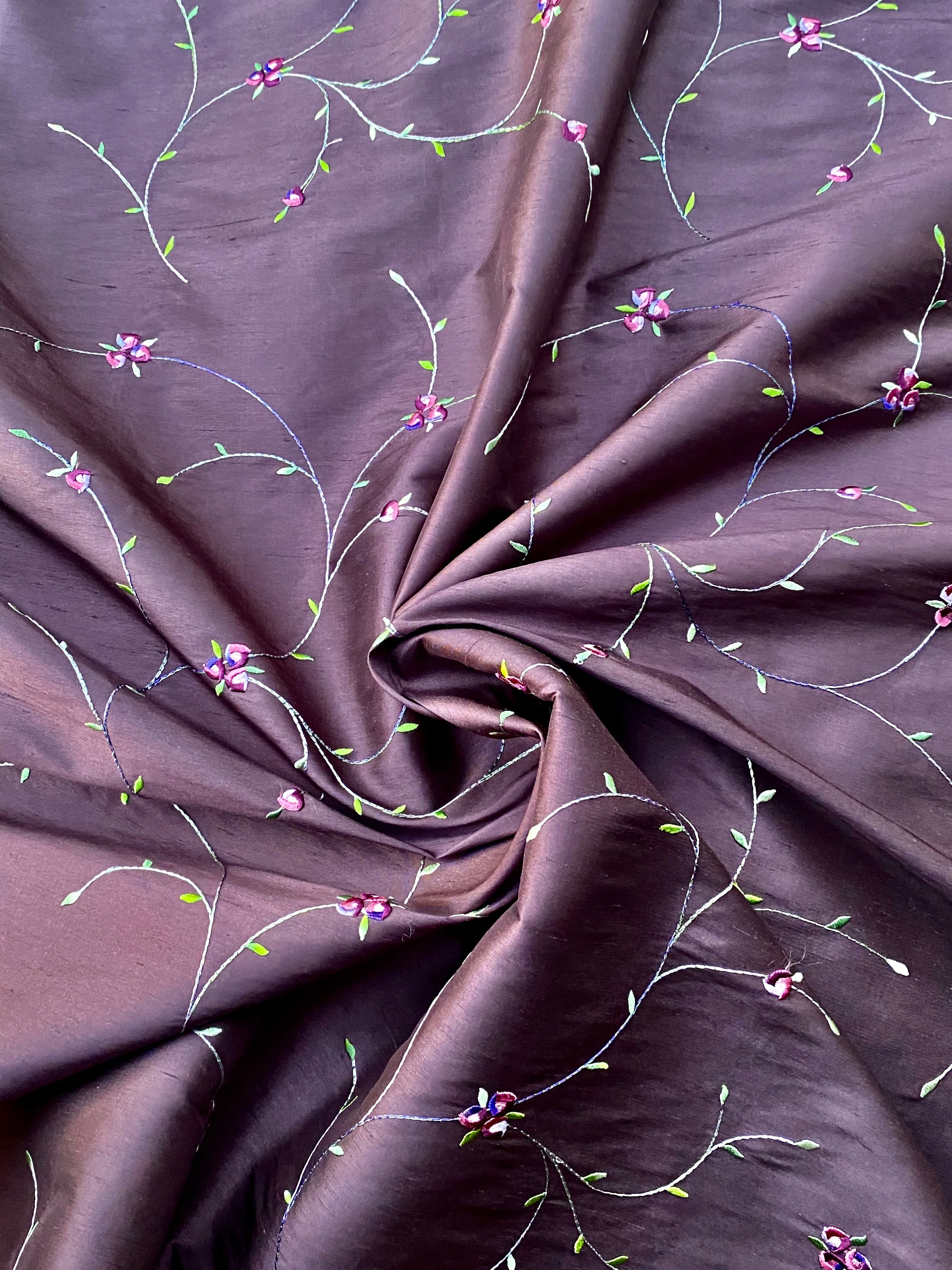 NEW Miss Jessica 100% Silk Dupioni Embroidered Floral Purple Pink and Green Fabric