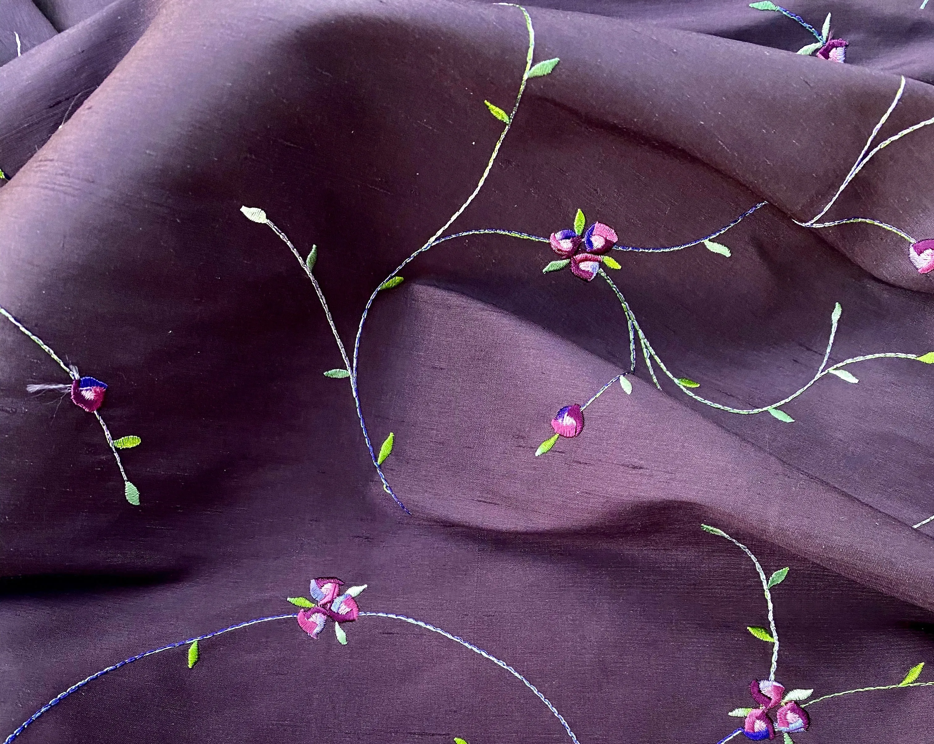 NEW Miss Jessica 100% Silk Dupioni Embroidered Floral Purple Pink and Green Fabric