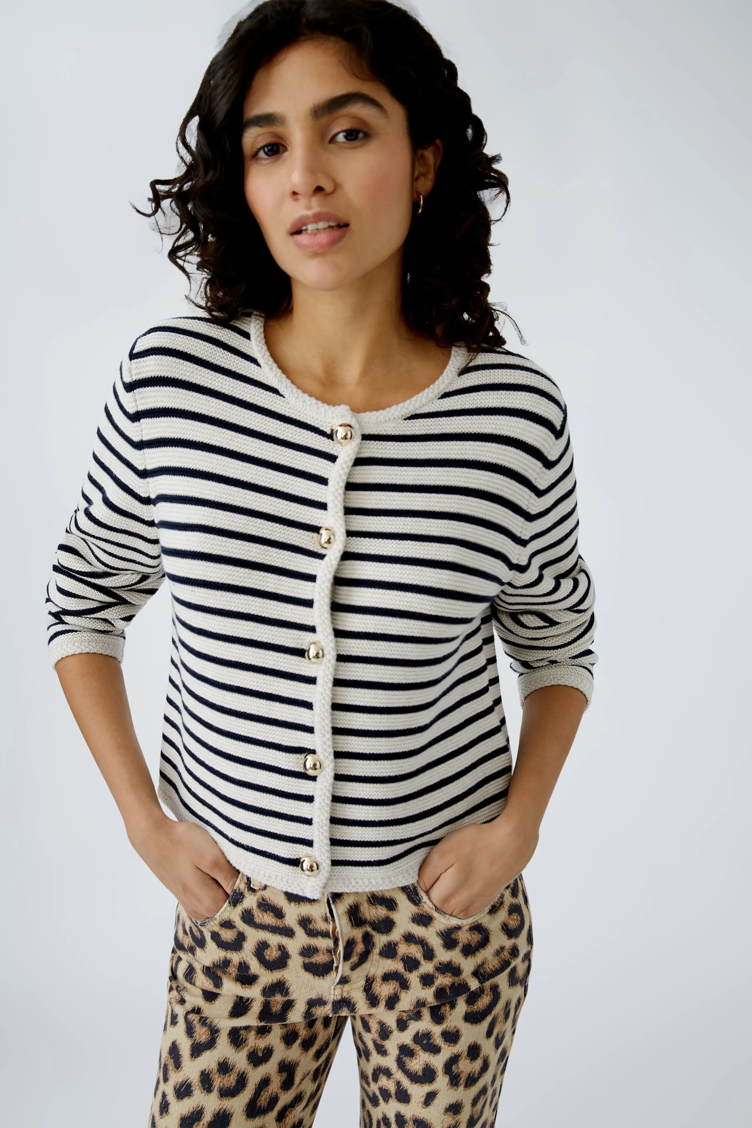 Oui Navy/Cream Striped Jersey Cardigan