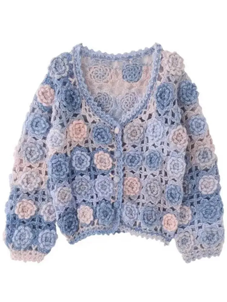 Patchwork Floral Crochet Knitted Sweater