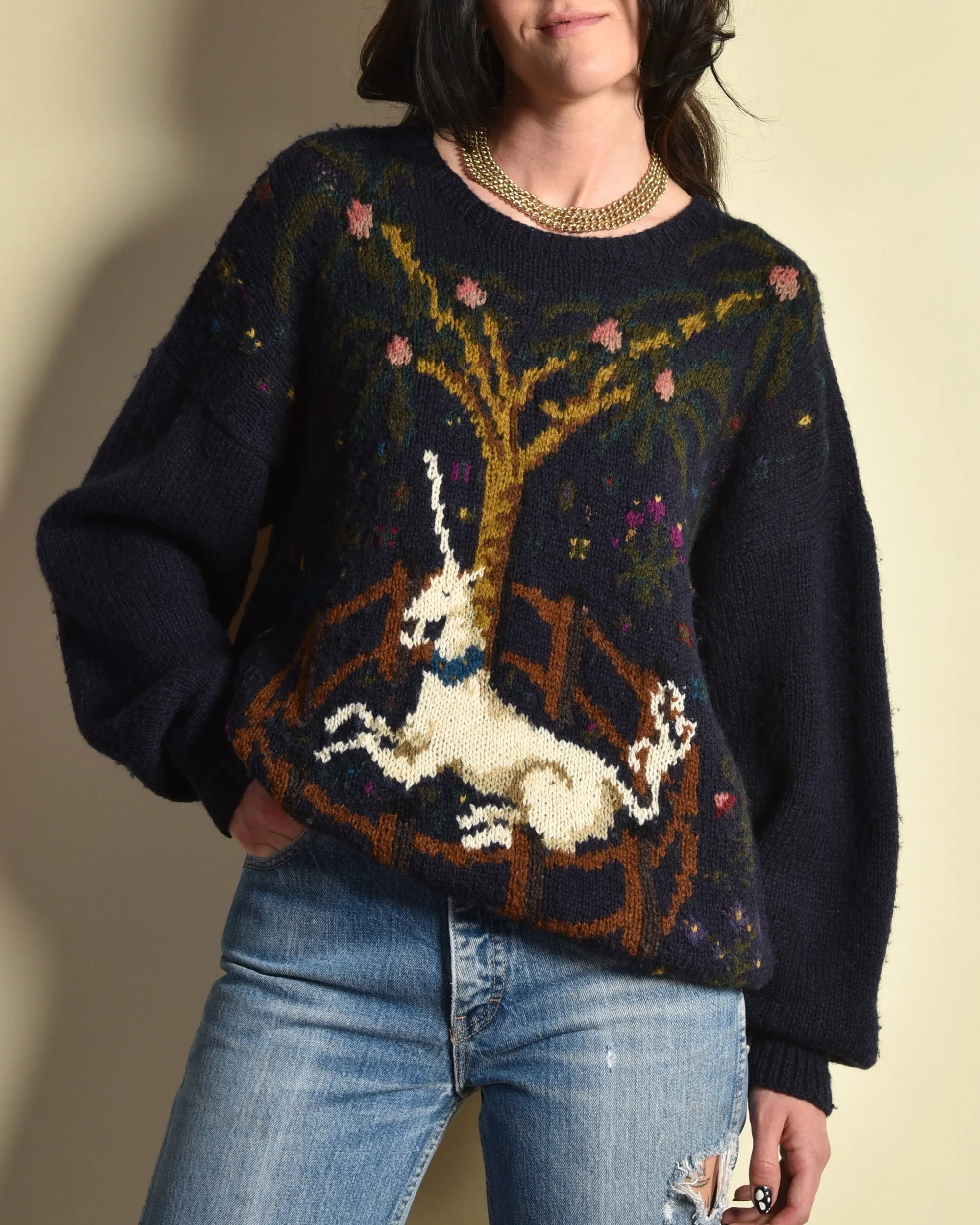 Perry Ellis 1980s Hand Knit Unicorn Sweater