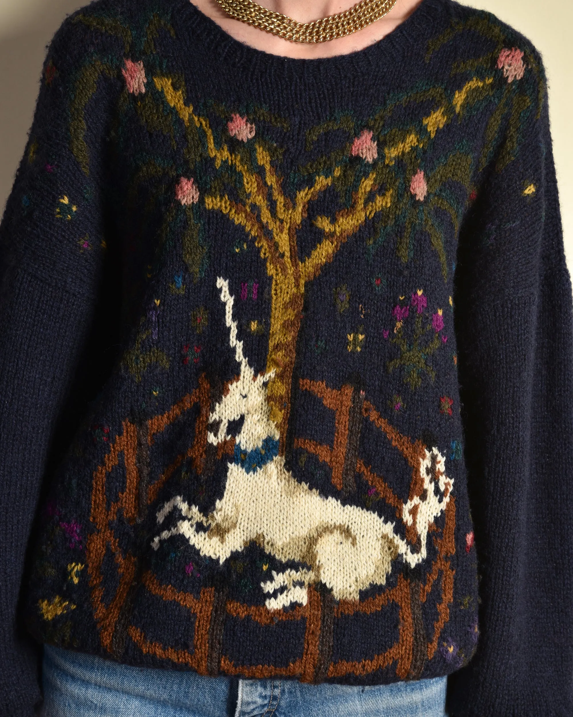 Perry Ellis 1980s Hand Knit Unicorn Sweater