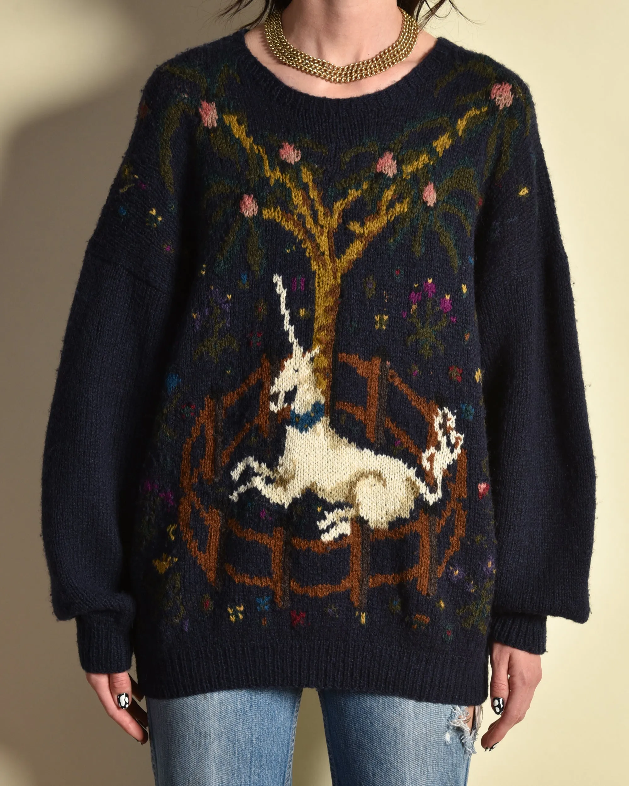 Perry Ellis 1980s Hand Knit Unicorn Sweater