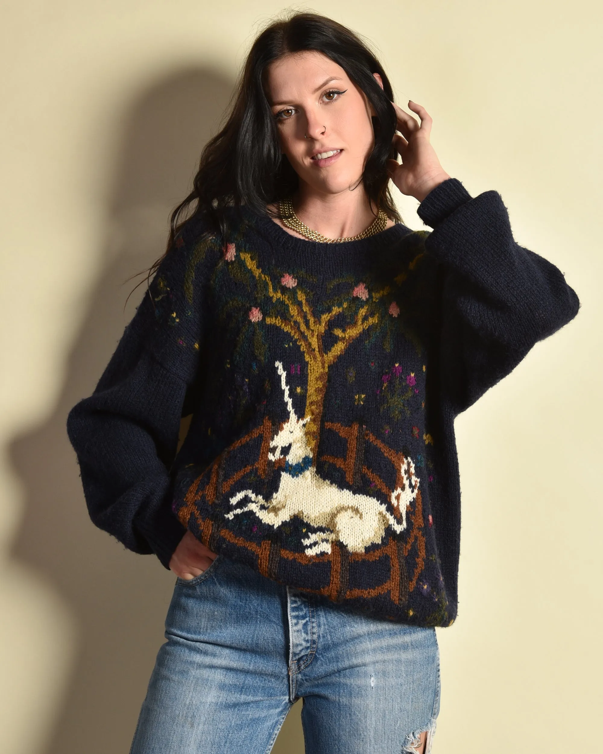 Perry Ellis 1980s Hand Knit Unicorn Sweater