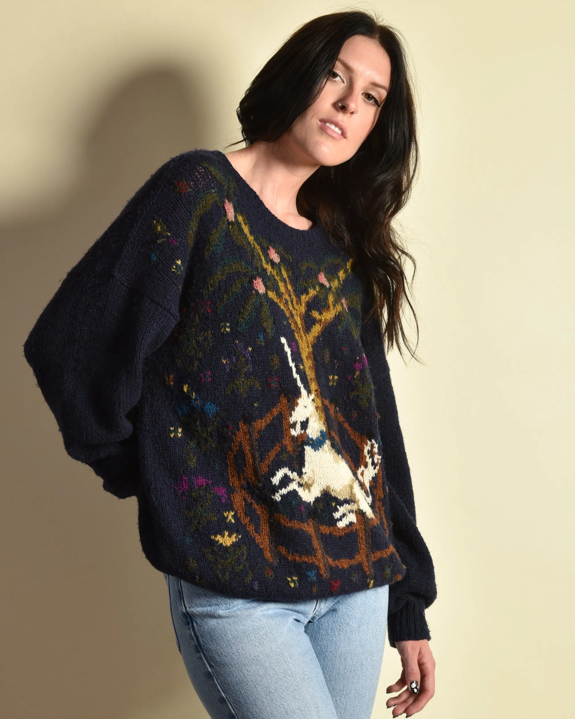 Perry Ellis 1980s Hand Knit Unicorn Sweater