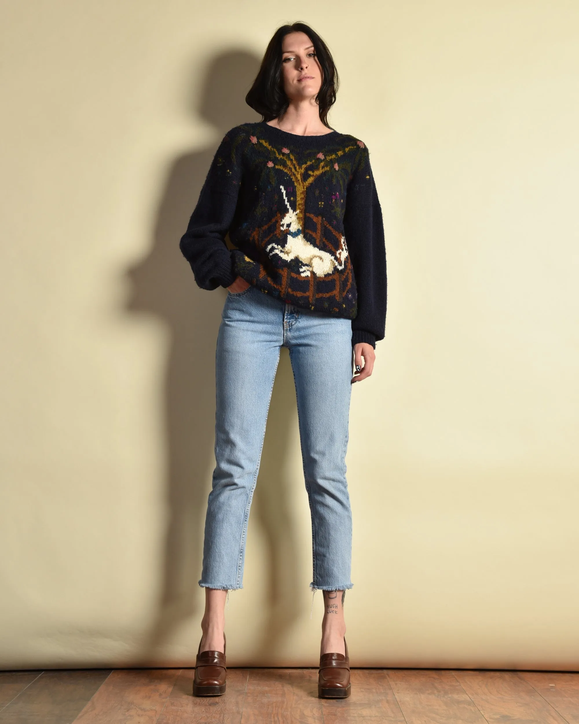 Perry Ellis 1980s Hand Knit Unicorn Sweater