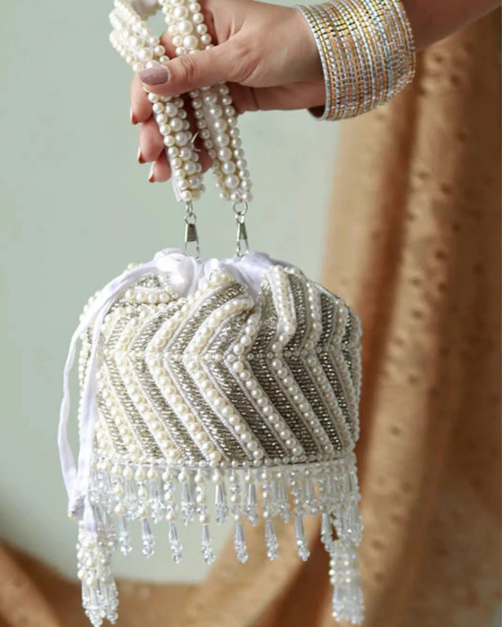 Petite Embroidered Mini Potli with Glass Bead Hangings