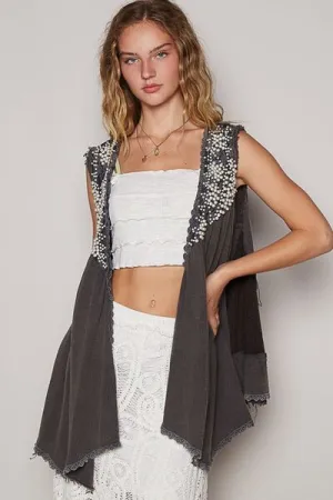 POL Charcoal Embroidered Pearls Open Front Sleeveless Cardigan