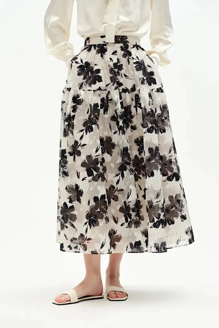 Rhea Jacquard Extended Print Skirt in Heavy Jacquard Mesh