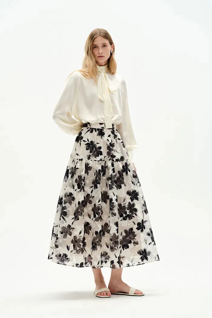 Rhea Jacquard Extended Print Skirt in Heavy Jacquard Mesh