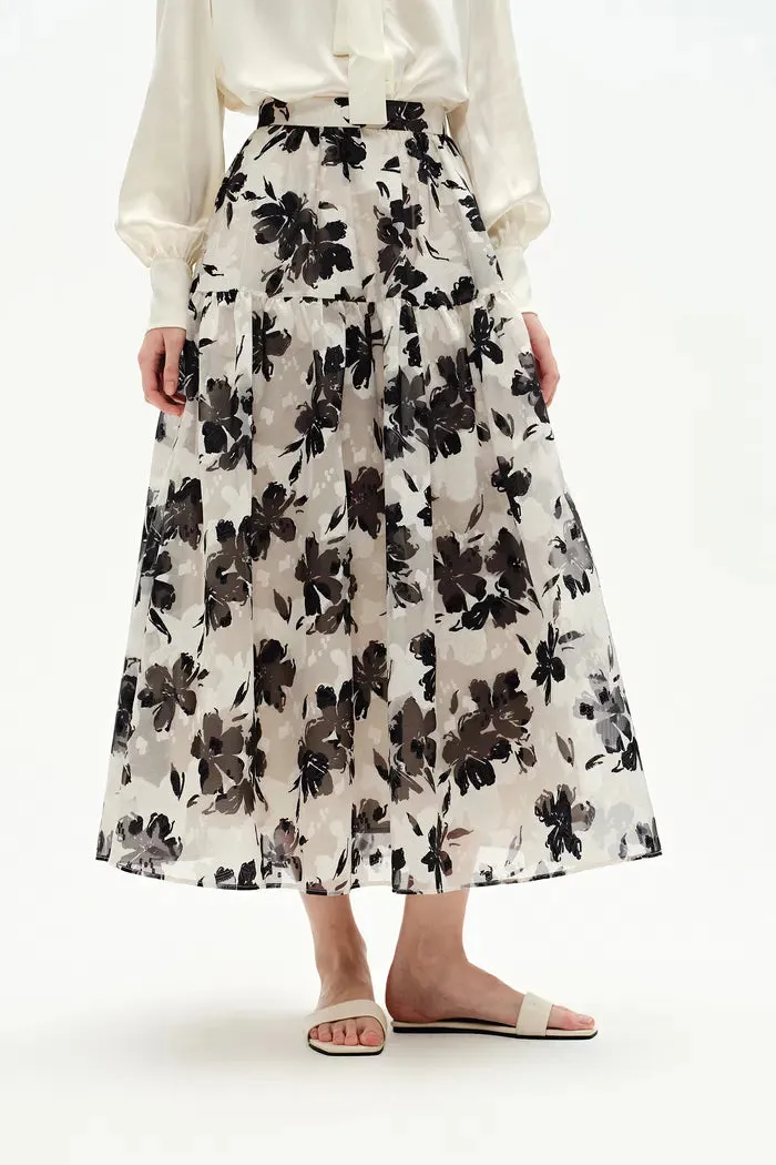 Rhea Jacquard Extended Print Skirt in Heavy Jacquard Mesh