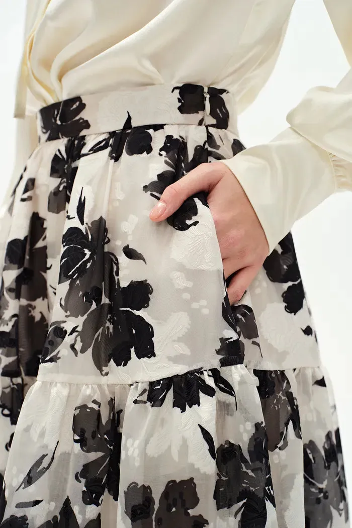 Rhea Jacquard Extended Print Skirt in Heavy Jacquard Mesh