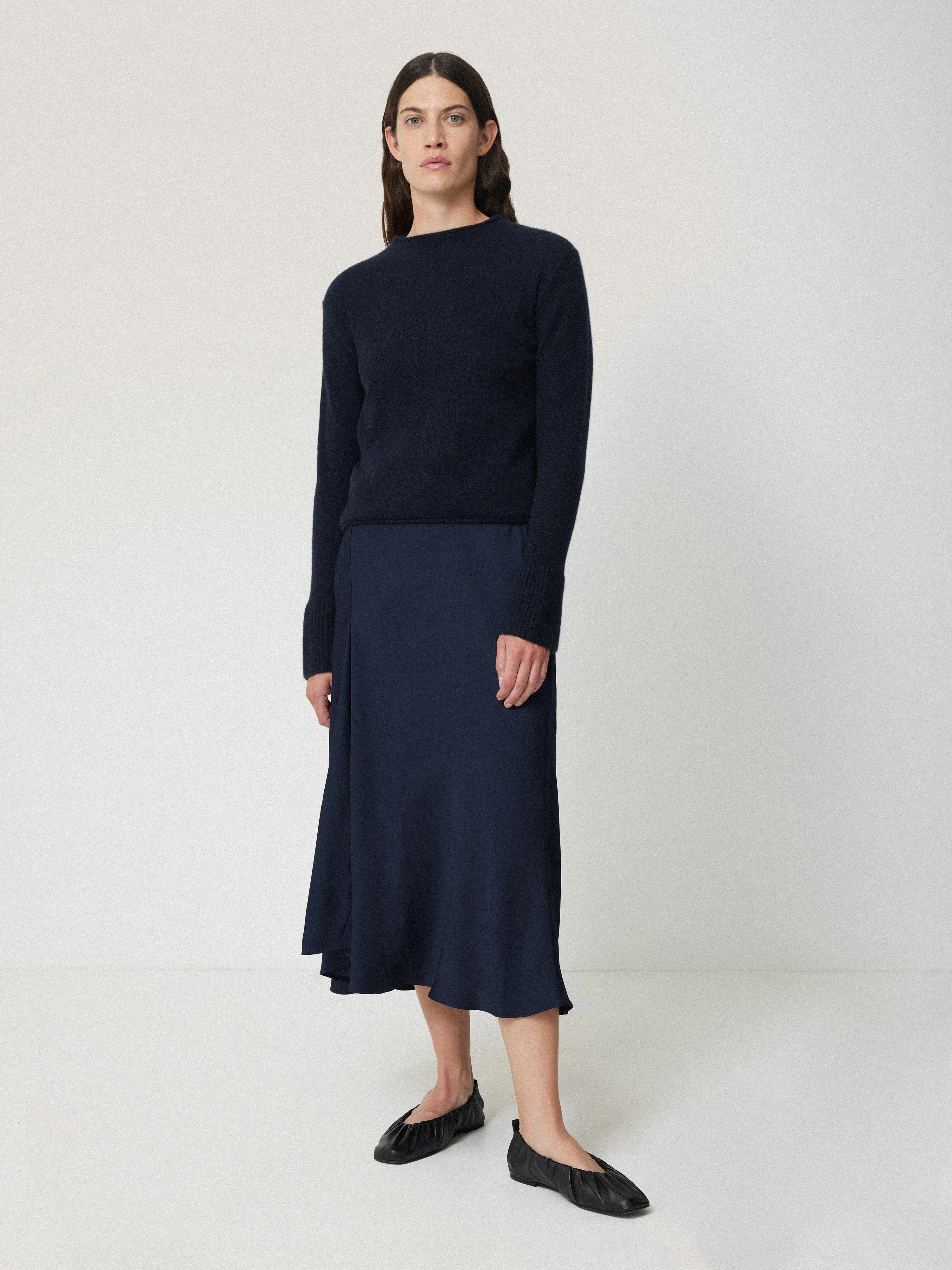 Satin Bias Asymmetric Skirt | Navy