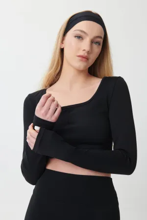 SCULPTFORM Long Sleeve Square Neck Cropped Top - Black