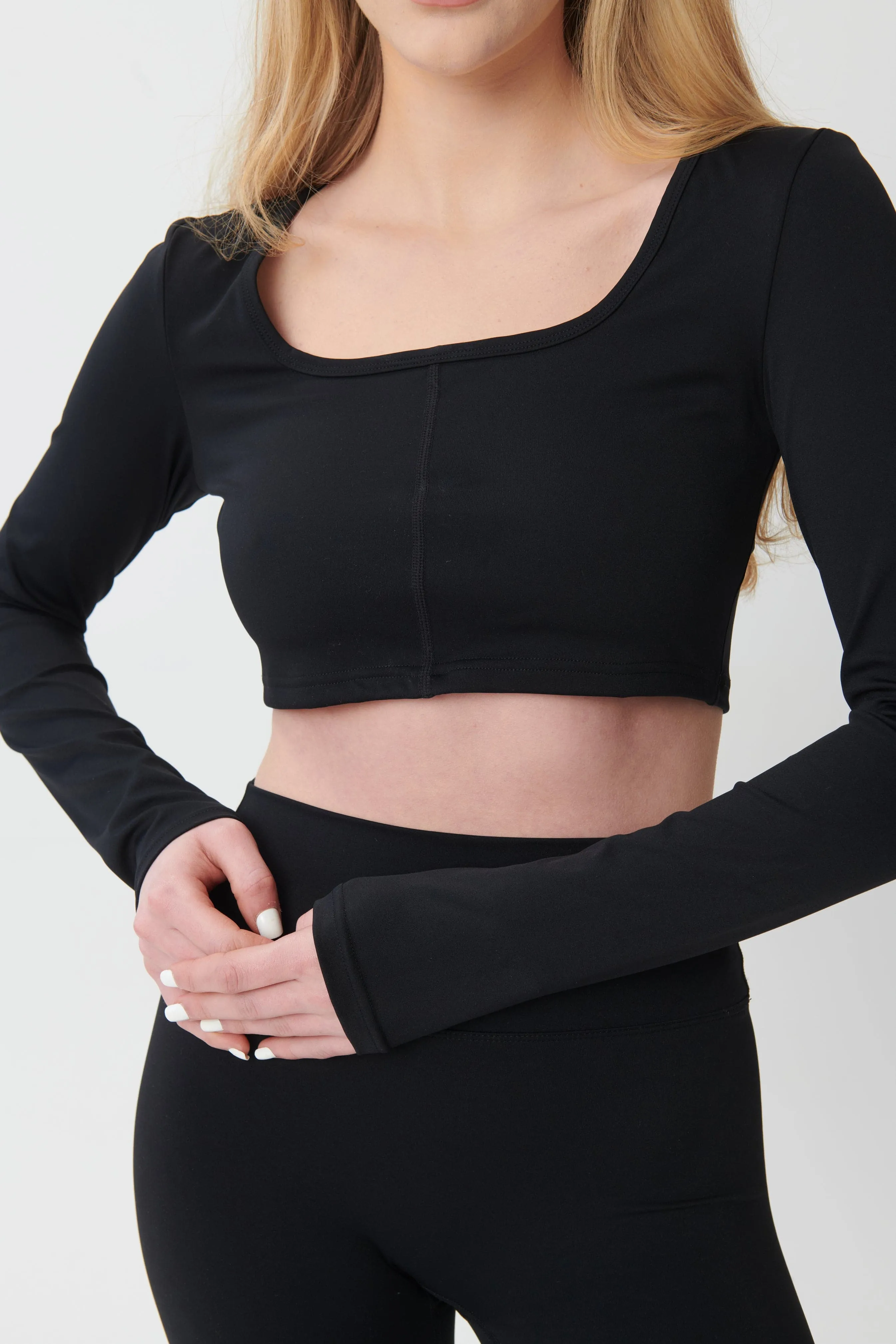 SCULPTFORM Long Sleeve Square Neck Cropped Top - Black
