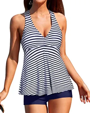 Slimming Women's Tankini Set V Neck Bathing Suit-Blue White Stripe