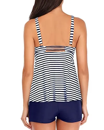 Slimming Women's Tankini Set V Neck Bathing Suit-Blue White Stripe