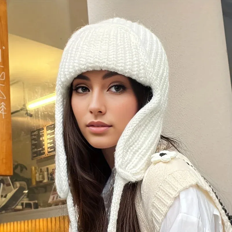 Solid Color Warm Ear Protection Knitted Children Tied Wool Hat