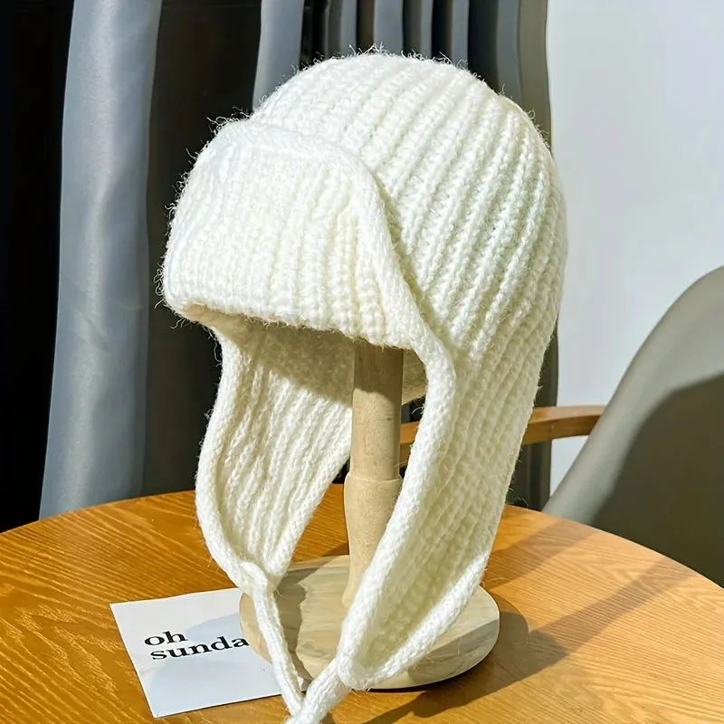 Solid Color Warm Ear Protection Knitted Children Tied Wool Hat