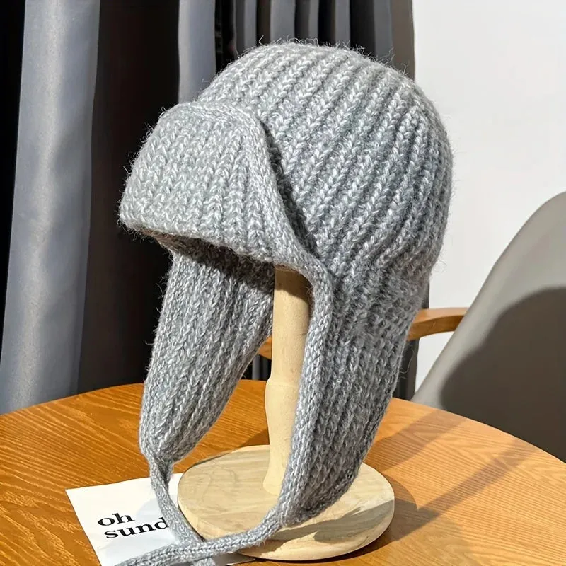 Solid Color Warm Ear Protection Knitted Children Tied Wool Hat