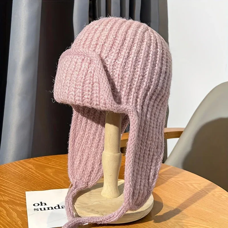 Solid Color Warm Ear Protection Knitted Children Tied Wool Hat