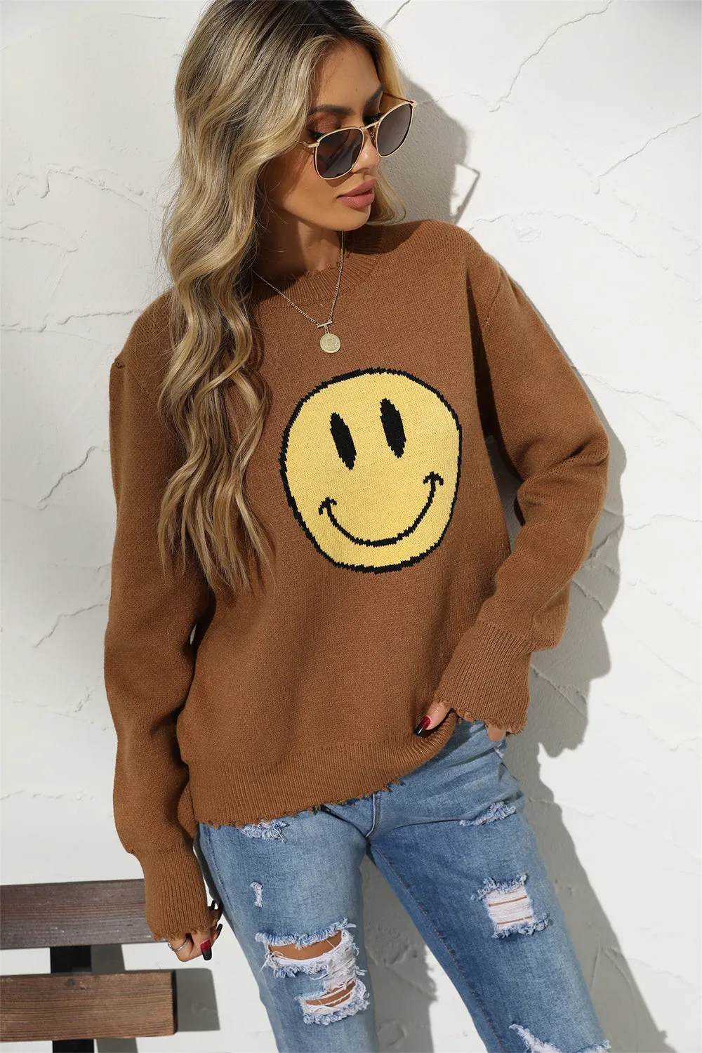 TastyHottie - Round Neck Long Sleeve Smily Face Graphic Sweater