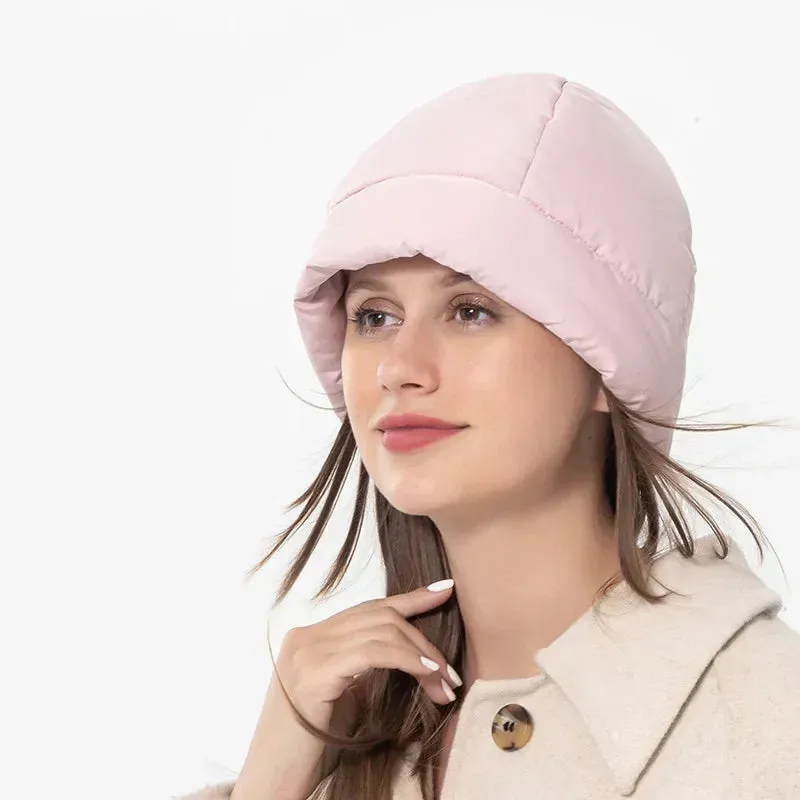 Women's Quilted Fluffy Down Beanie Hat Outdoor Warm Lightweight Ear Protection
