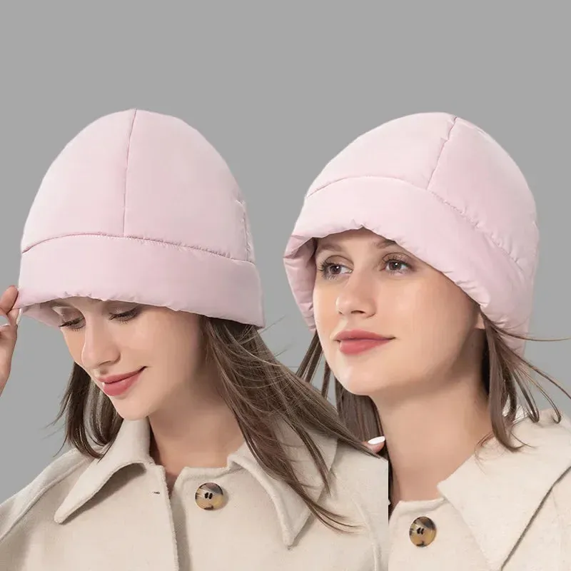 Women's Quilted Fluffy Down Beanie Hat Outdoor Warm Lightweight Ear Protection