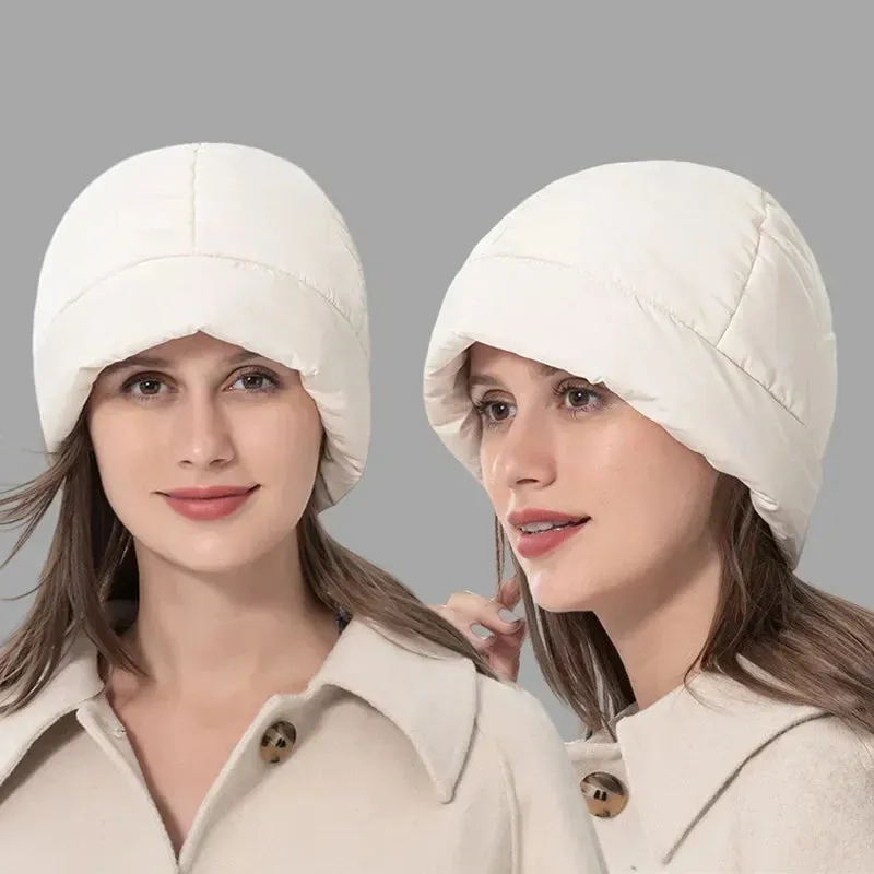 Women's Quilted Fluffy Down Beanie Hat Outdoor Warm Lightweight Ear Protection