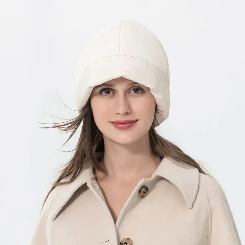 Women's Quilted Fluffy Down Beanie Hat Outdoor Warm Lightweight Ear Protection