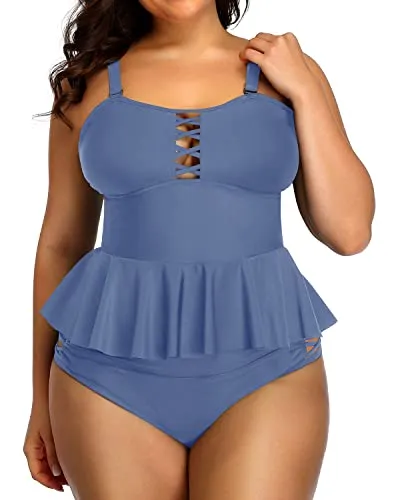 Women's Vintage Ruffle Tankini Swimsuit Top Lace Strappy Sides-Blue