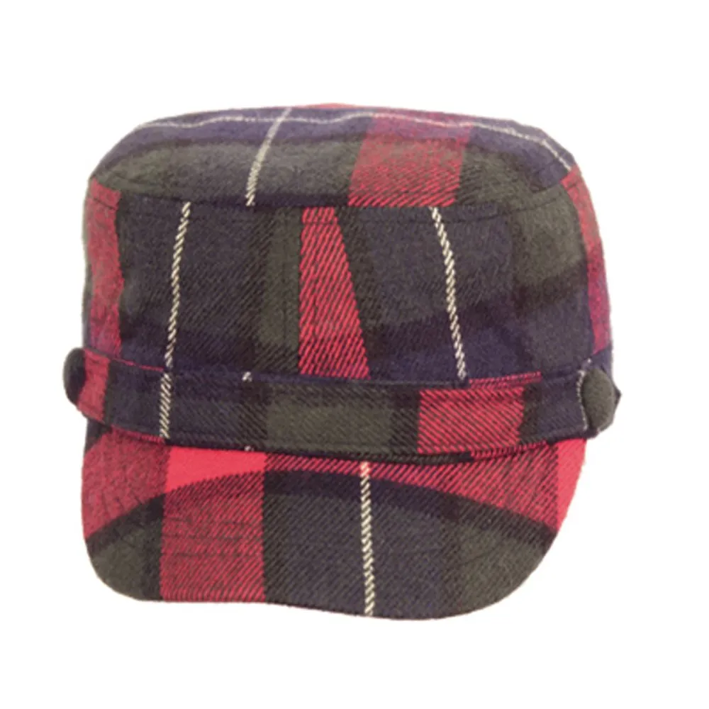 Woven Plaid Military Cadet Hat Plaid Unisex with a Single Button